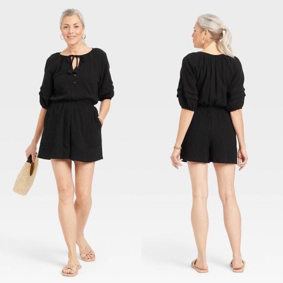 Knox Rose Pants - Knox Rose Black Short Sleeve 100% Cotton Gauze Romper Size M Boho Gypsy